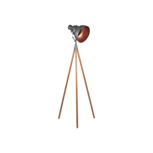 Grey Metal and Natural Wood Tripod Floor Lamp