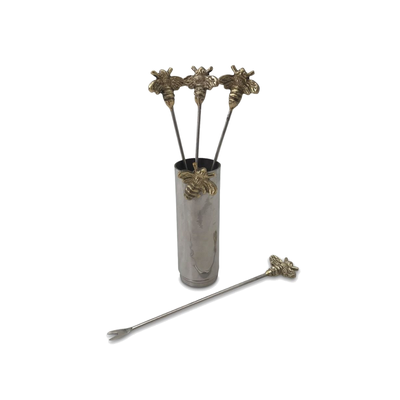 Set Of Four Bee Olive Picks And Holder