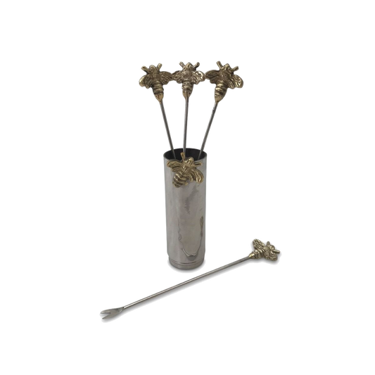 Set Of Four Bee Olive Picks And Holder