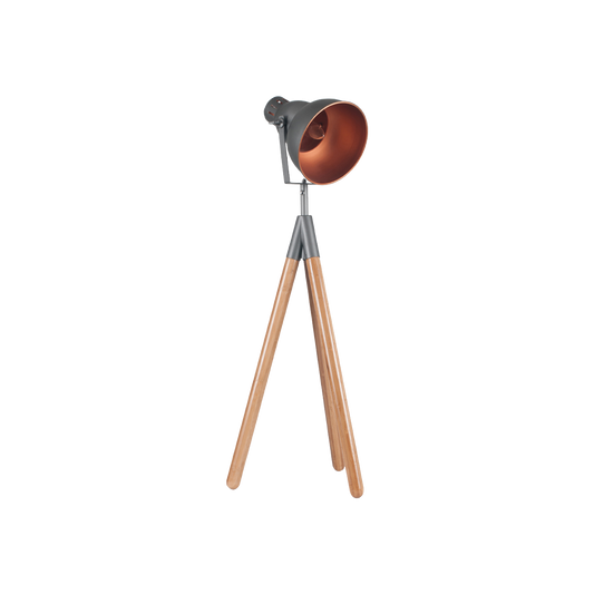 Grey Metal and Natural Wood Tripod Table Lamp