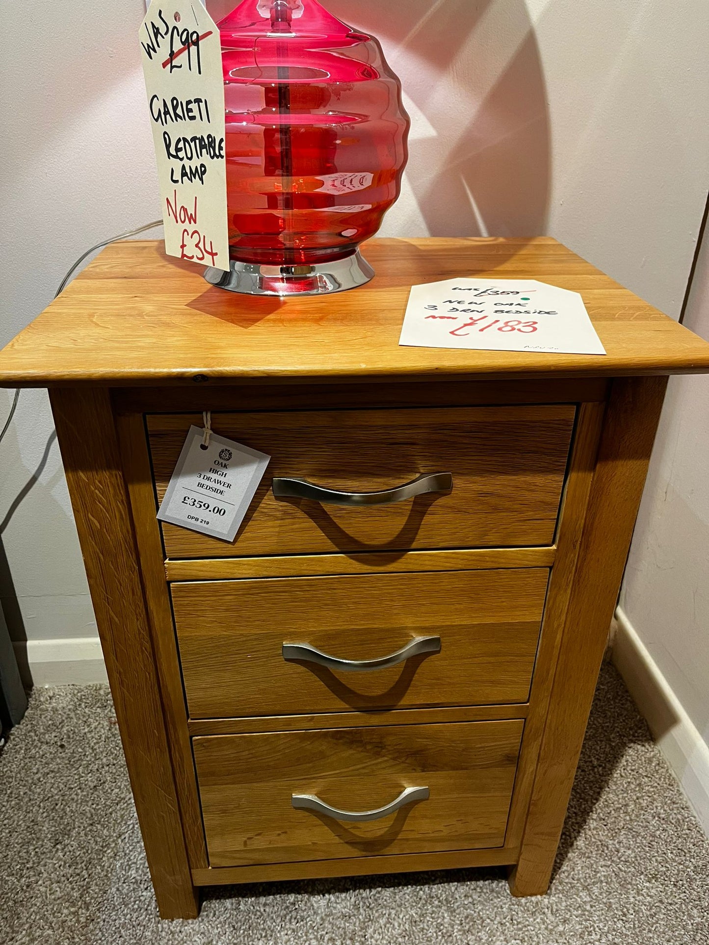 New Oak 3 Drawer Bedside x2 Available  | Clearance