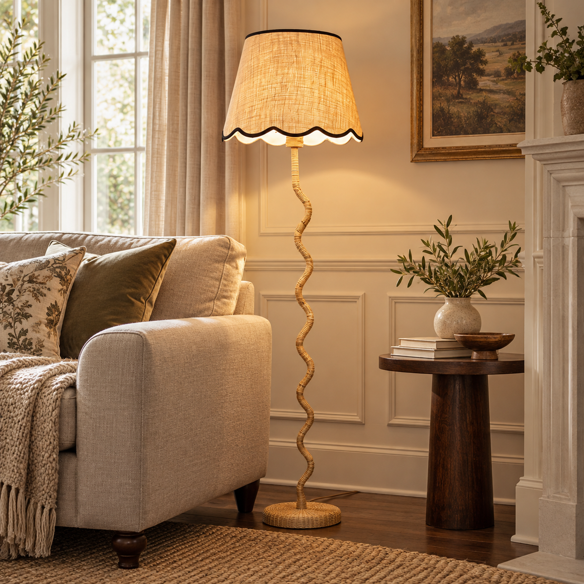 Rattan Wave Floor Lamp + Scalloped Edge Shade 40cm