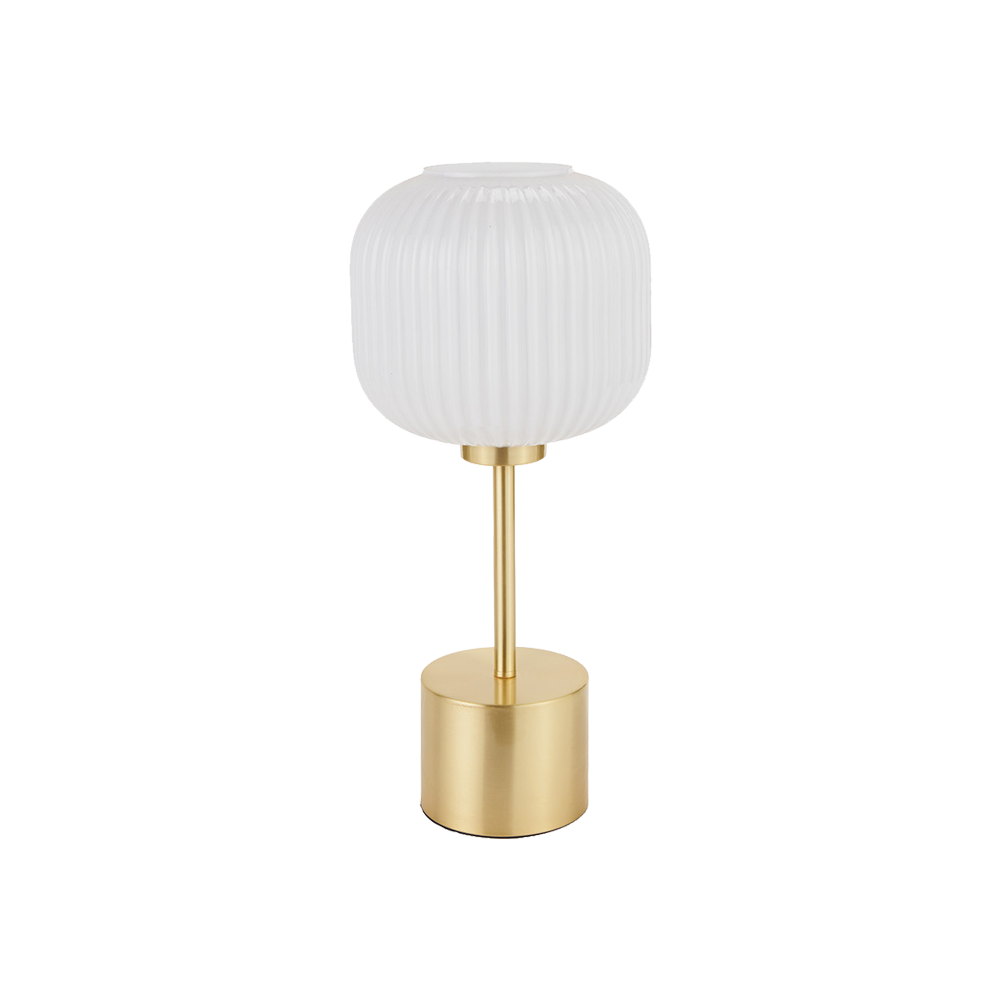 Bella White Ribbed Glass & Gold Metal Squoval Table Lamp