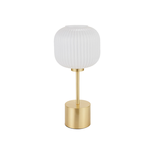 Bella White Ribbed Glass & Gold Metal Squoval Table Lamp