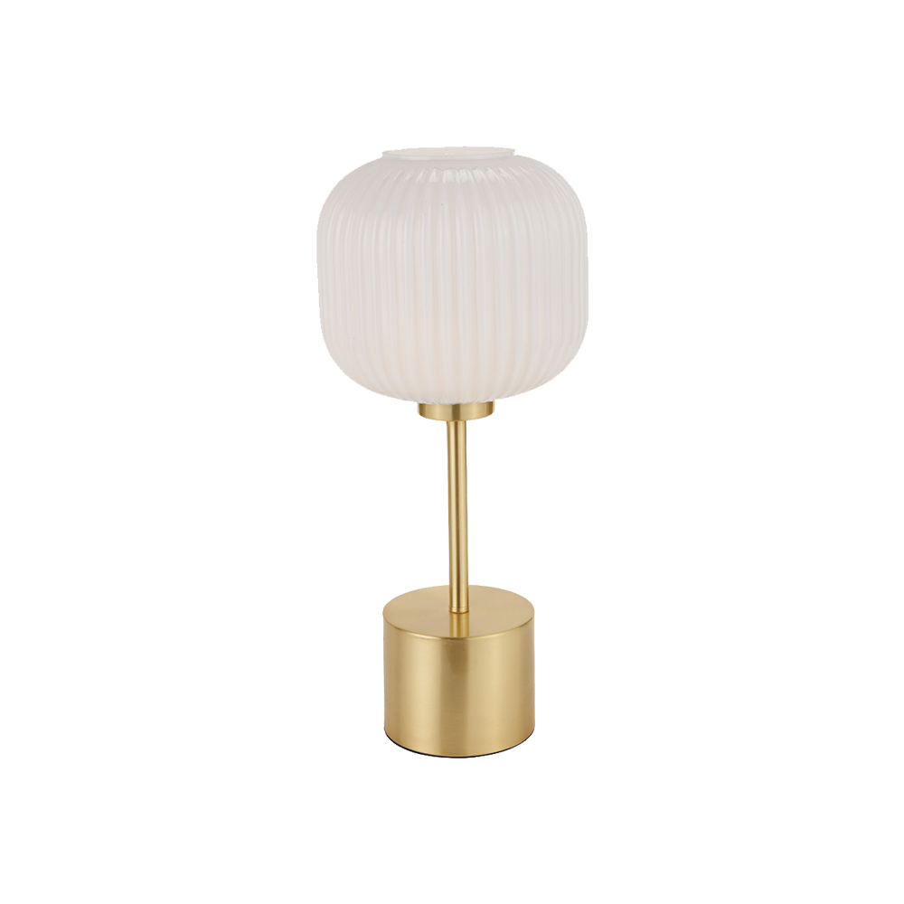Bella White Ribbed Glass & Gold Metal Squoval Table Lamp
