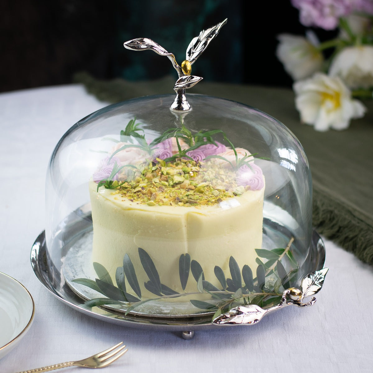 Olive Cake Stand and Glass Dome