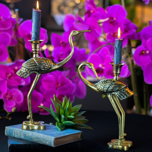 Pair Of Crane Candle Holders Antique Gold