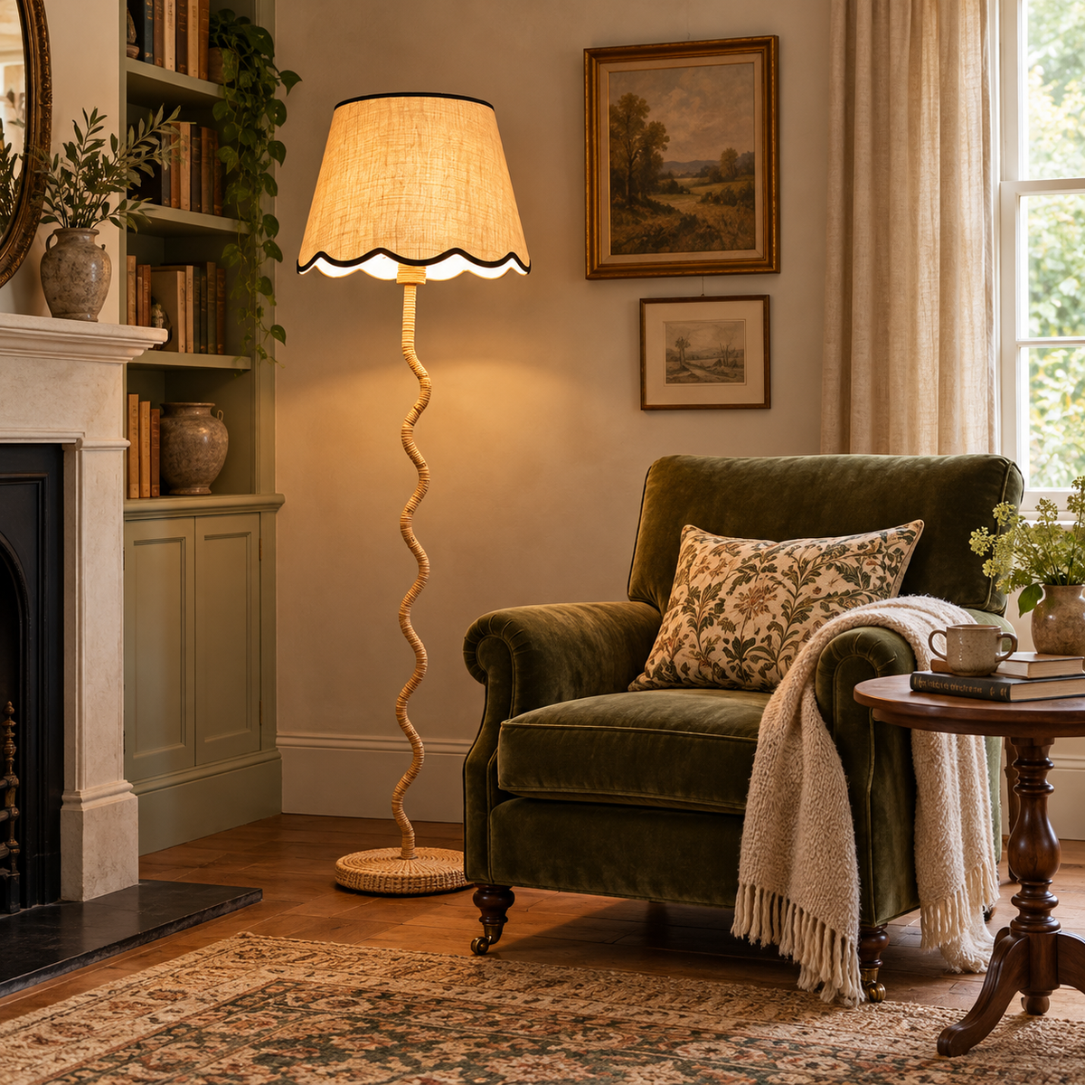 Rattan Wave Floor Lamp + Scalloped Edge Shade 40cm