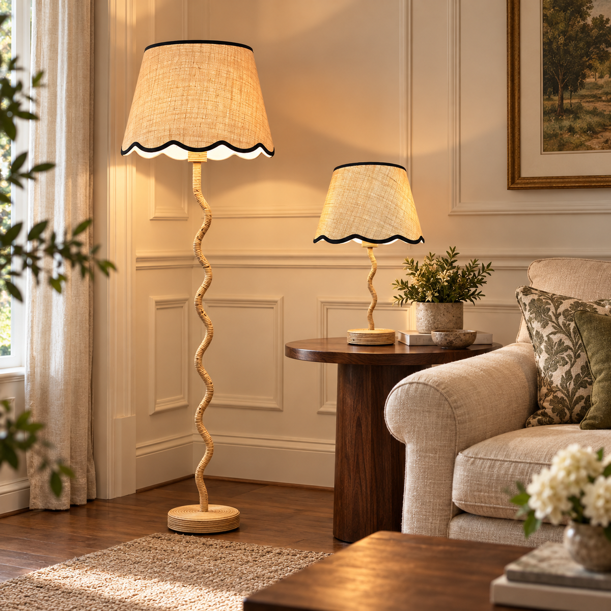 Rattan Wave Table Lamp + Scalloped Edge Shade 30cm
