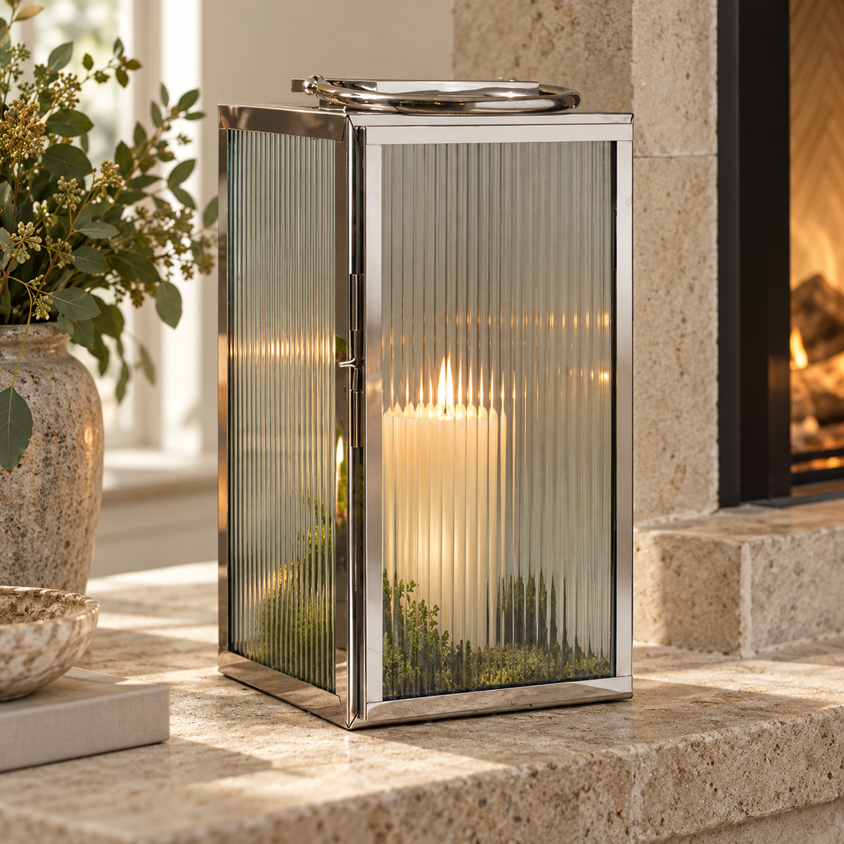Shiny Nickel Large Lantern with Ribbed Glass