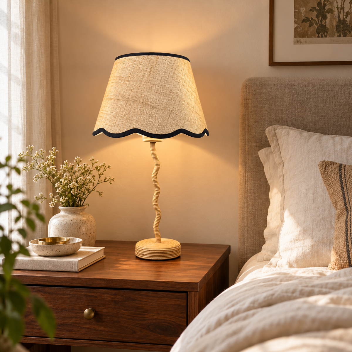 Rattan Wave Table Lamp + Scalloped Edge Shade 30cm