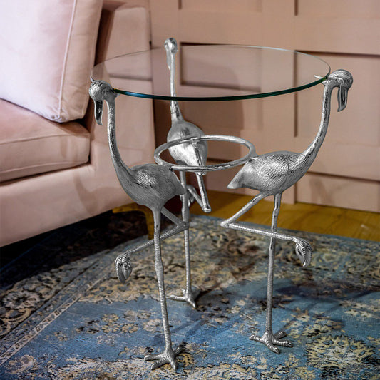 Silver Flamingo Glass Top Side Table
