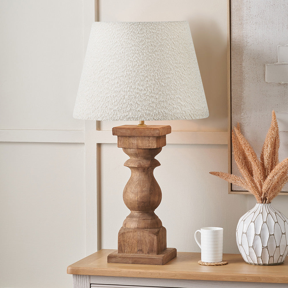 Antique Turned Wood Table Lamp & Boucle Shade