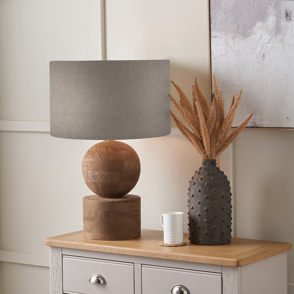 Antique Round Turned Wood Table Lamp & Natural Linen Shade