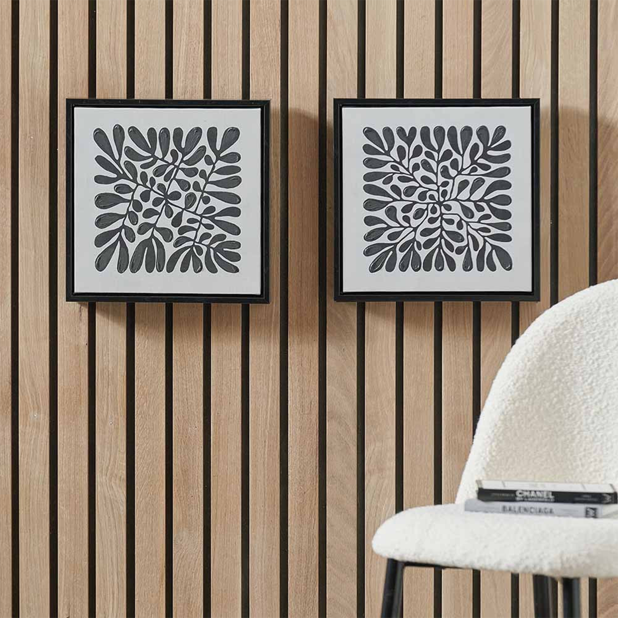 Set of 2 Black Leaf Print Square Wall Art