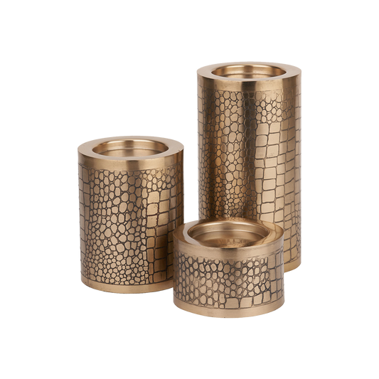 Set of 3 Antique Brass Croc Pillar Candle Holders