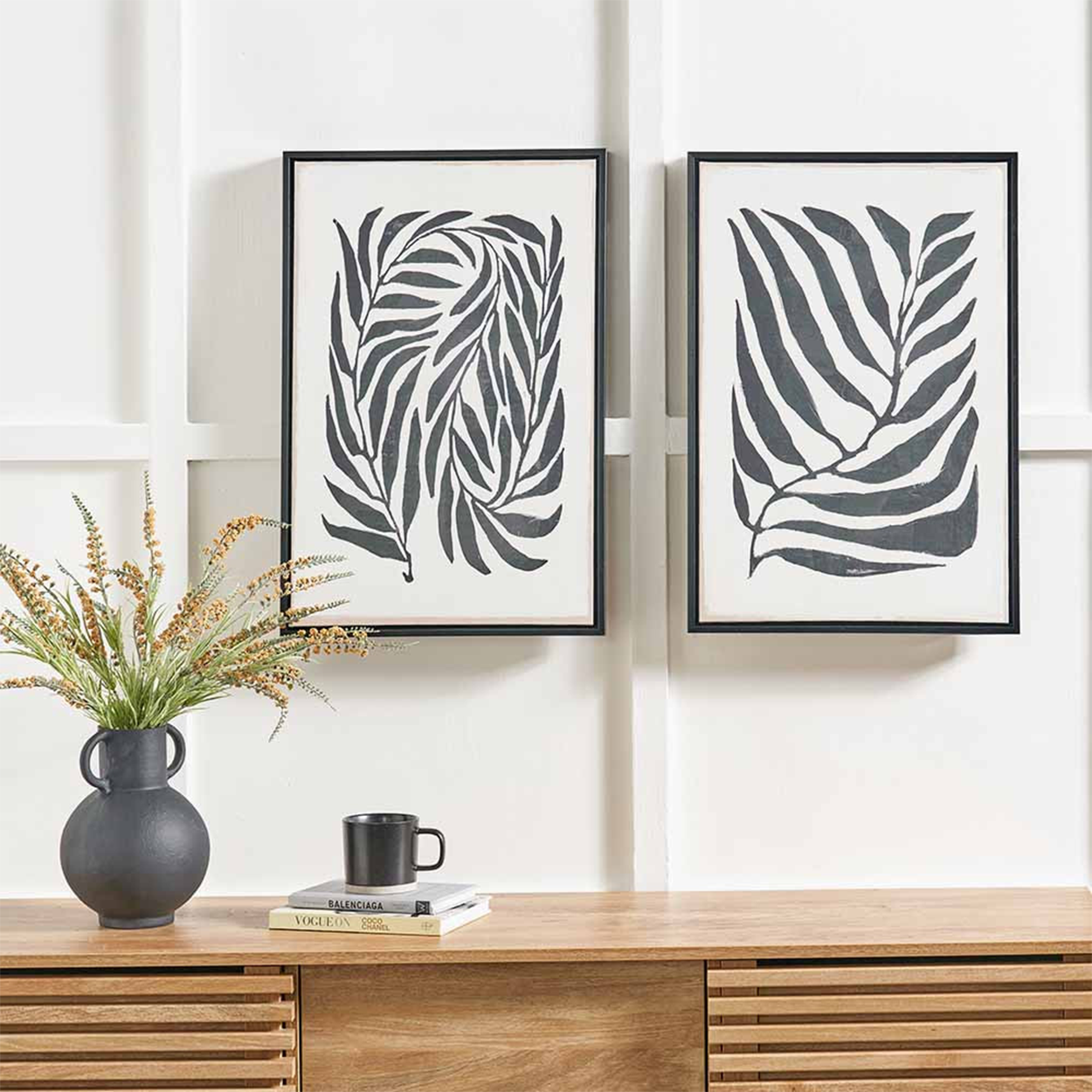 Set of 2 Black Leaf Print Wall Art