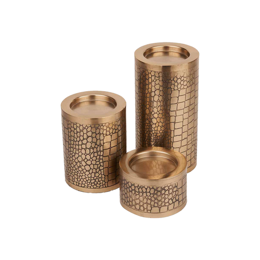 Set of 3 Antique Brass Croc Pillar Candle Holders