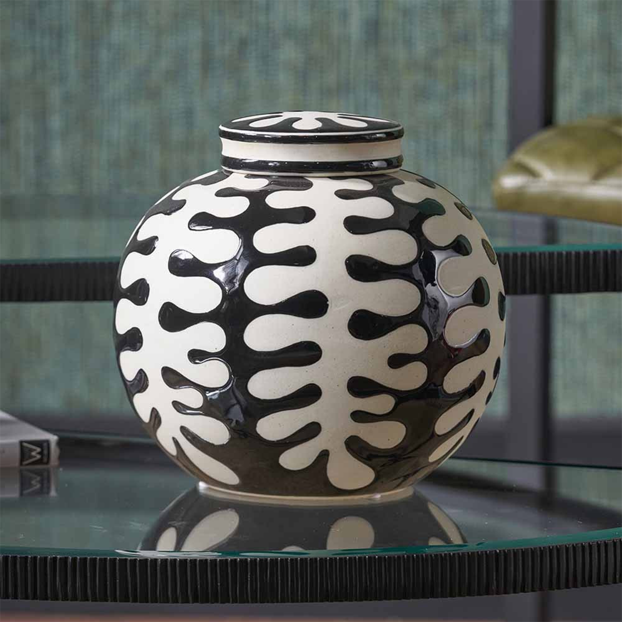 Elkorn Black and White Ceramic Coral Design Ginger Jar