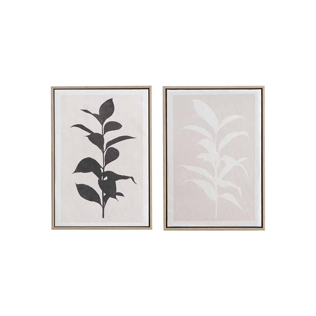 Set of 2 Natural and Black Leaf Print Wall Art
