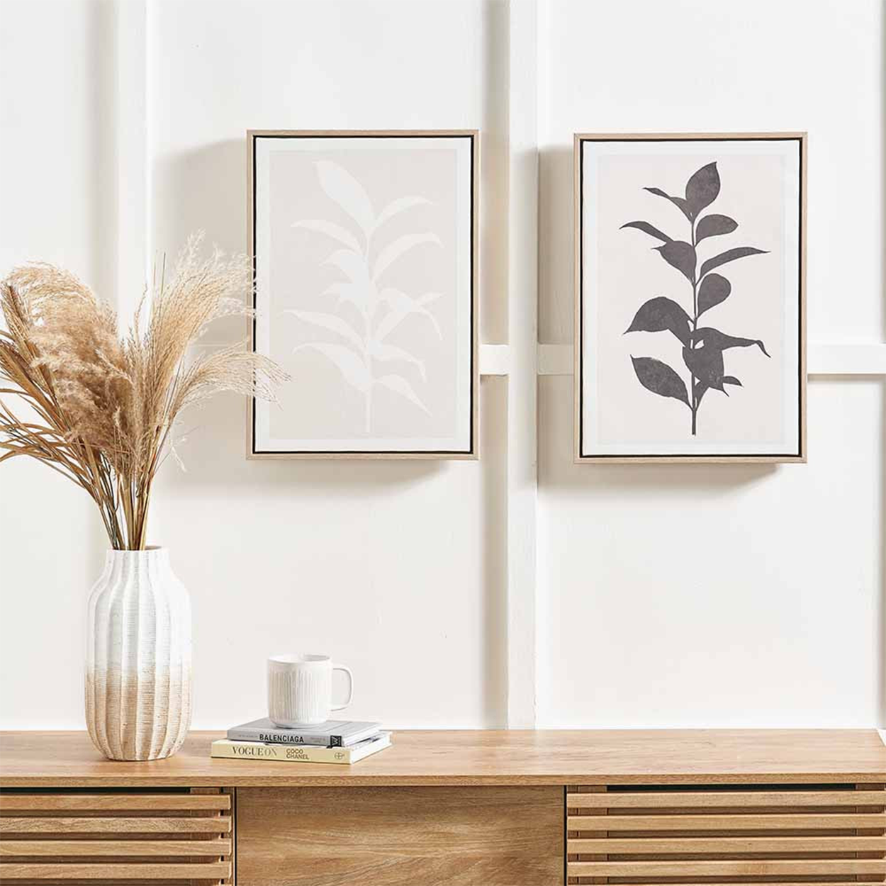 Set of 2 Natural and Black Leaf Print Wall Art