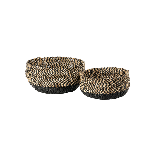 Set of 2 Seagrass Natural and Black Round Baskets