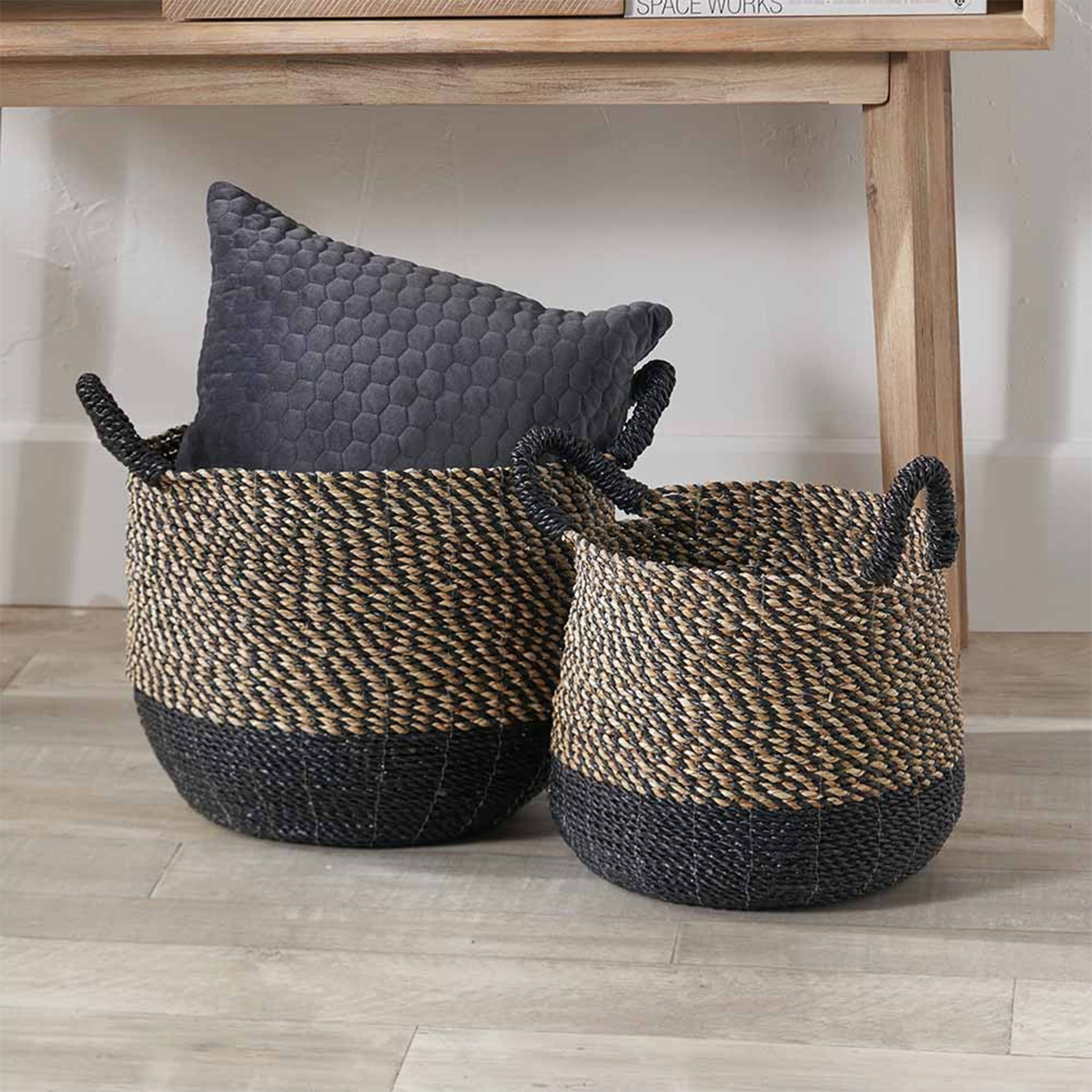 Set of 2 Seagrass Natural & Black Baskets