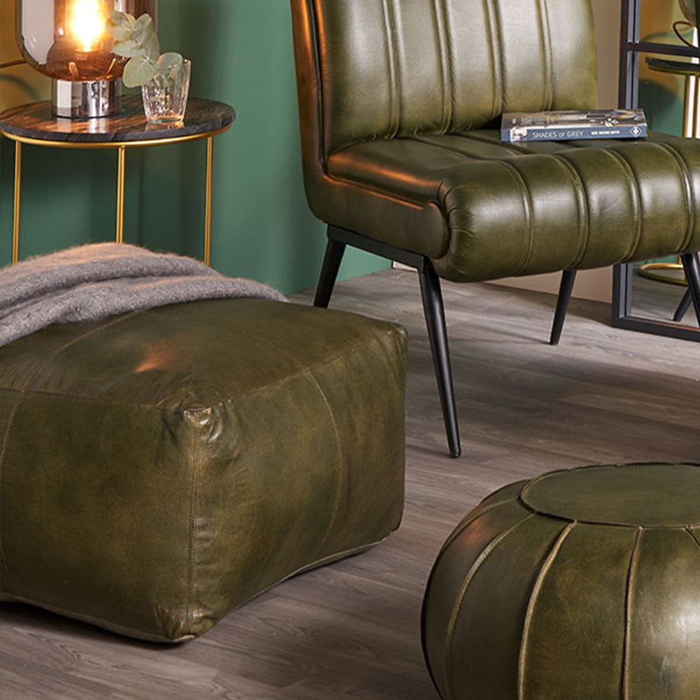 Sage Green Leather Pouffe