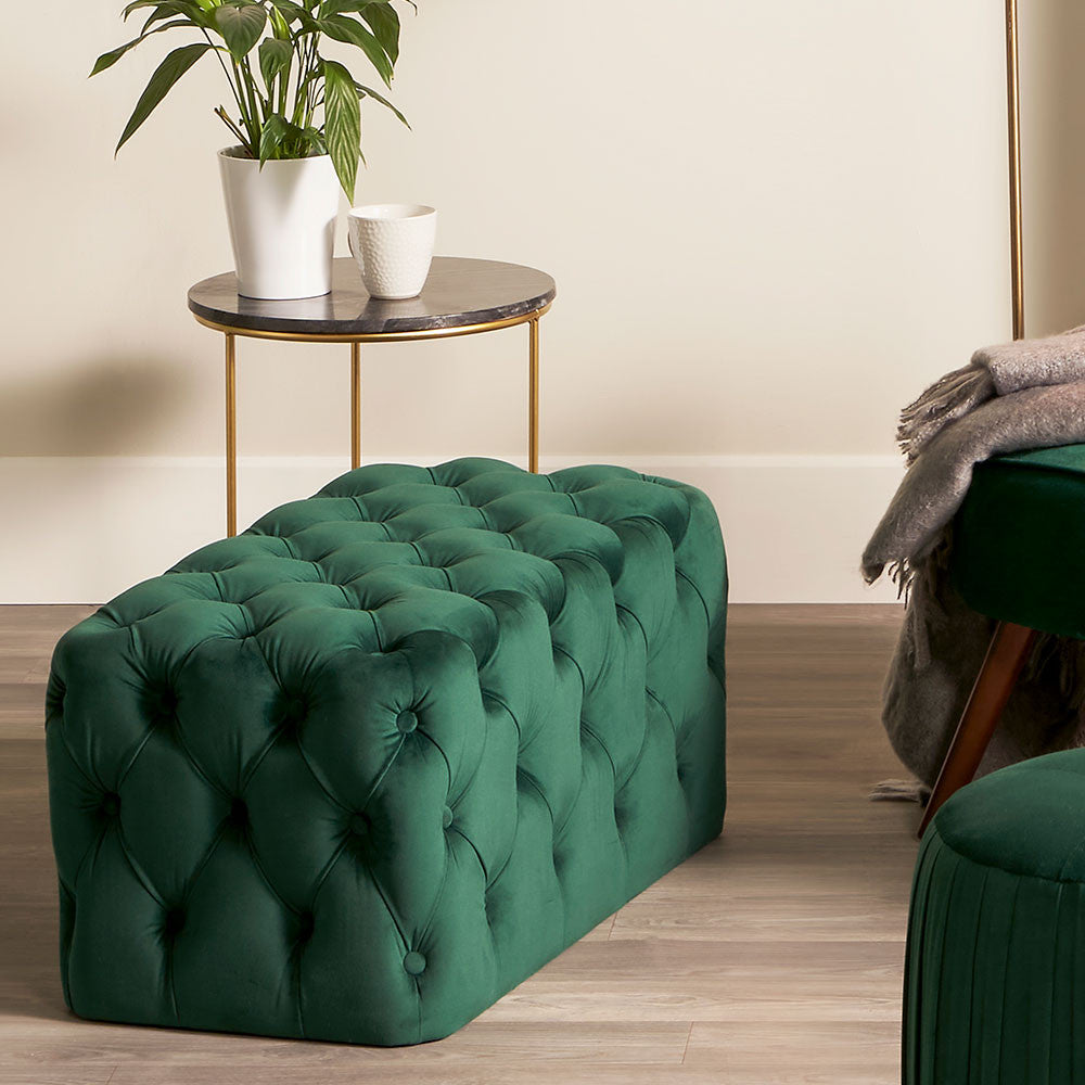 Forest Green Velvet Buttoned Bench Stool
