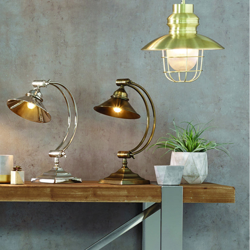 Antique Brass Metal Arched Arm Task Table Lamp