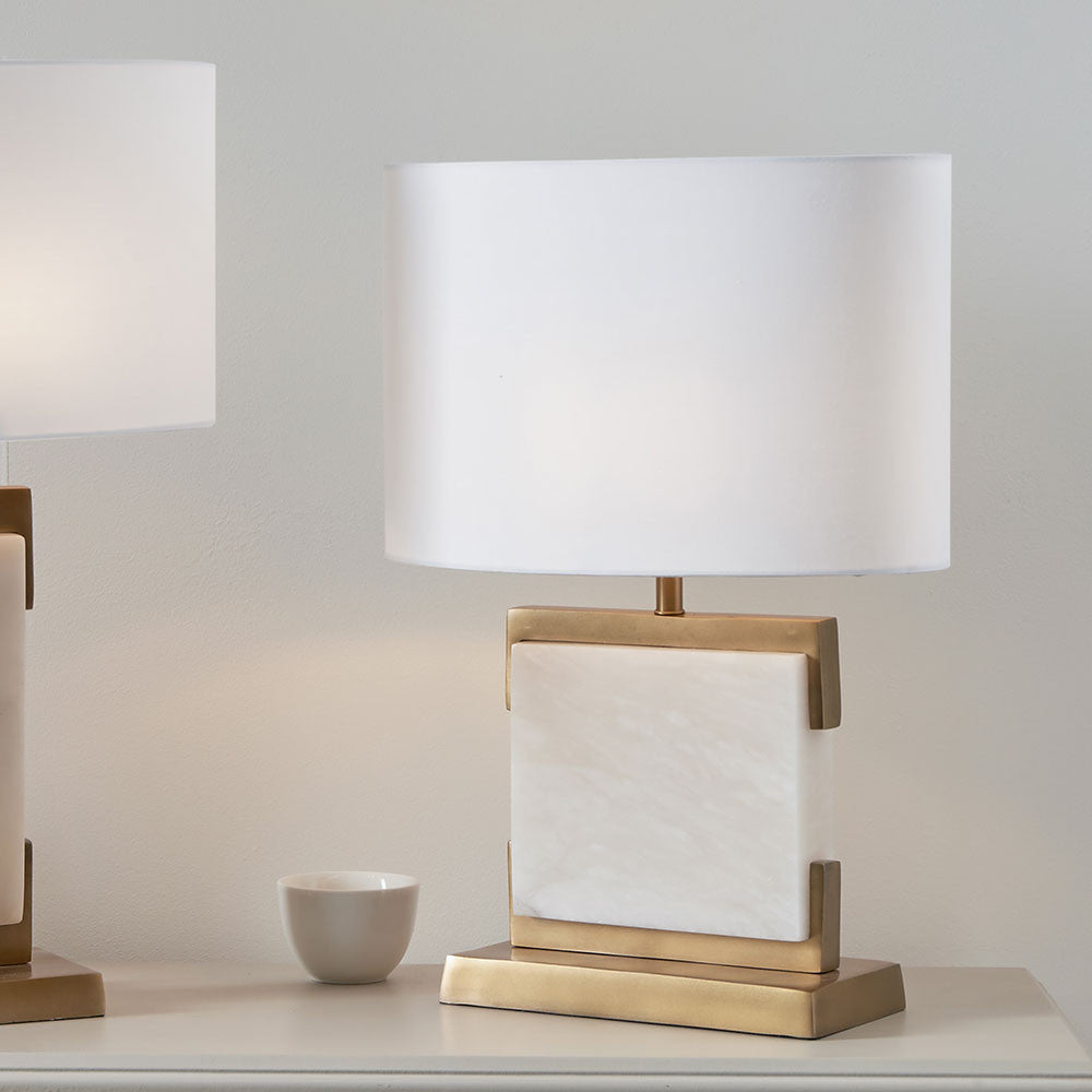Alabaster and Brass Table Lamp with Cream Shade