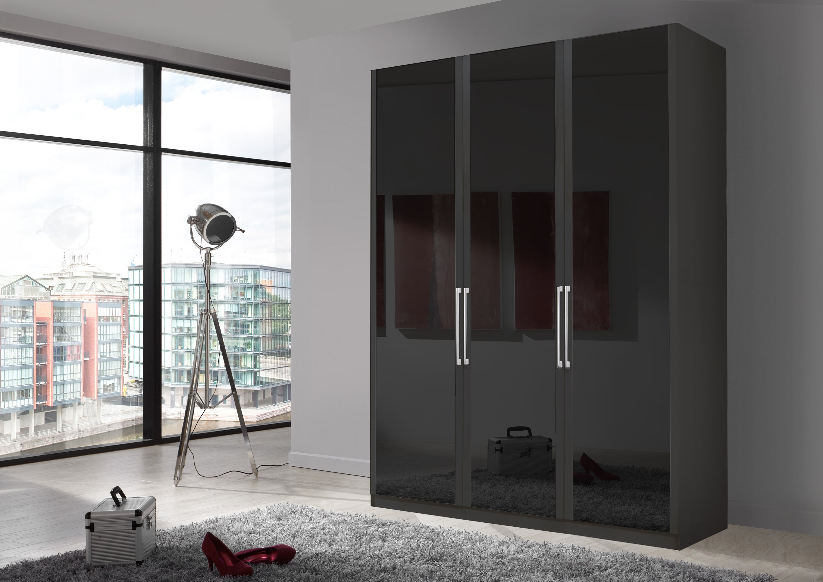 Bermuda Hinged 3 Door Wardrobe Glass Graphite 150cm