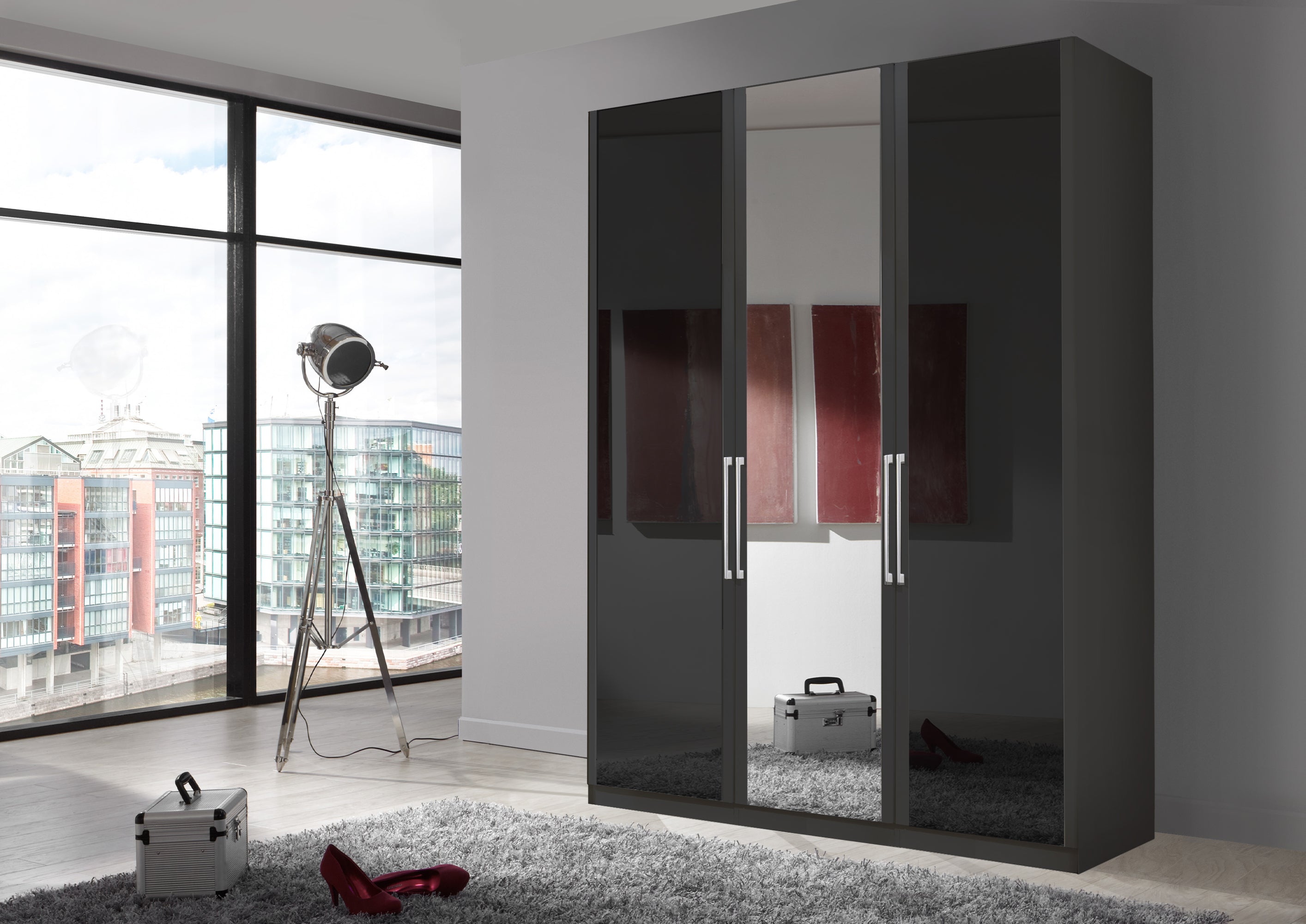 Bermuda Hinged 3 Door Wardrobe Glass Graphite 150cm