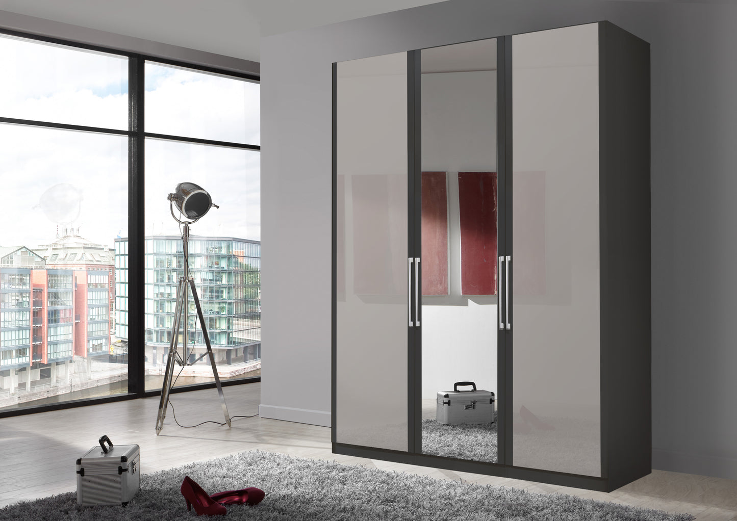 Bermuda Hinged 3 Door Wardrobe Glass Pebble Grey 150cm