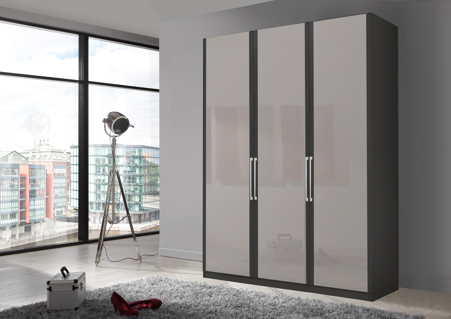 Bermuda Hinged 3 Door Wardrobe Glass Pebble Grey 150cm