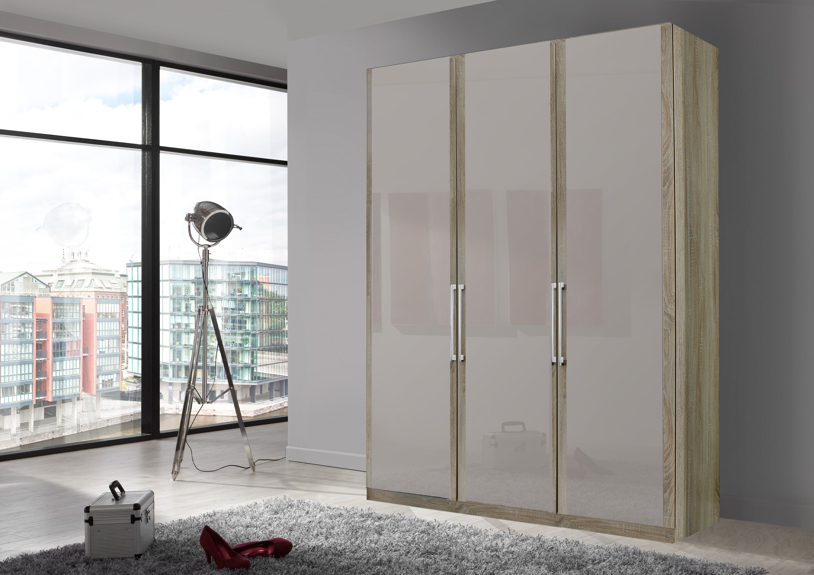 Bermuda Hinged 3 Door Wardrobe Glass Pebble Grey 150cm