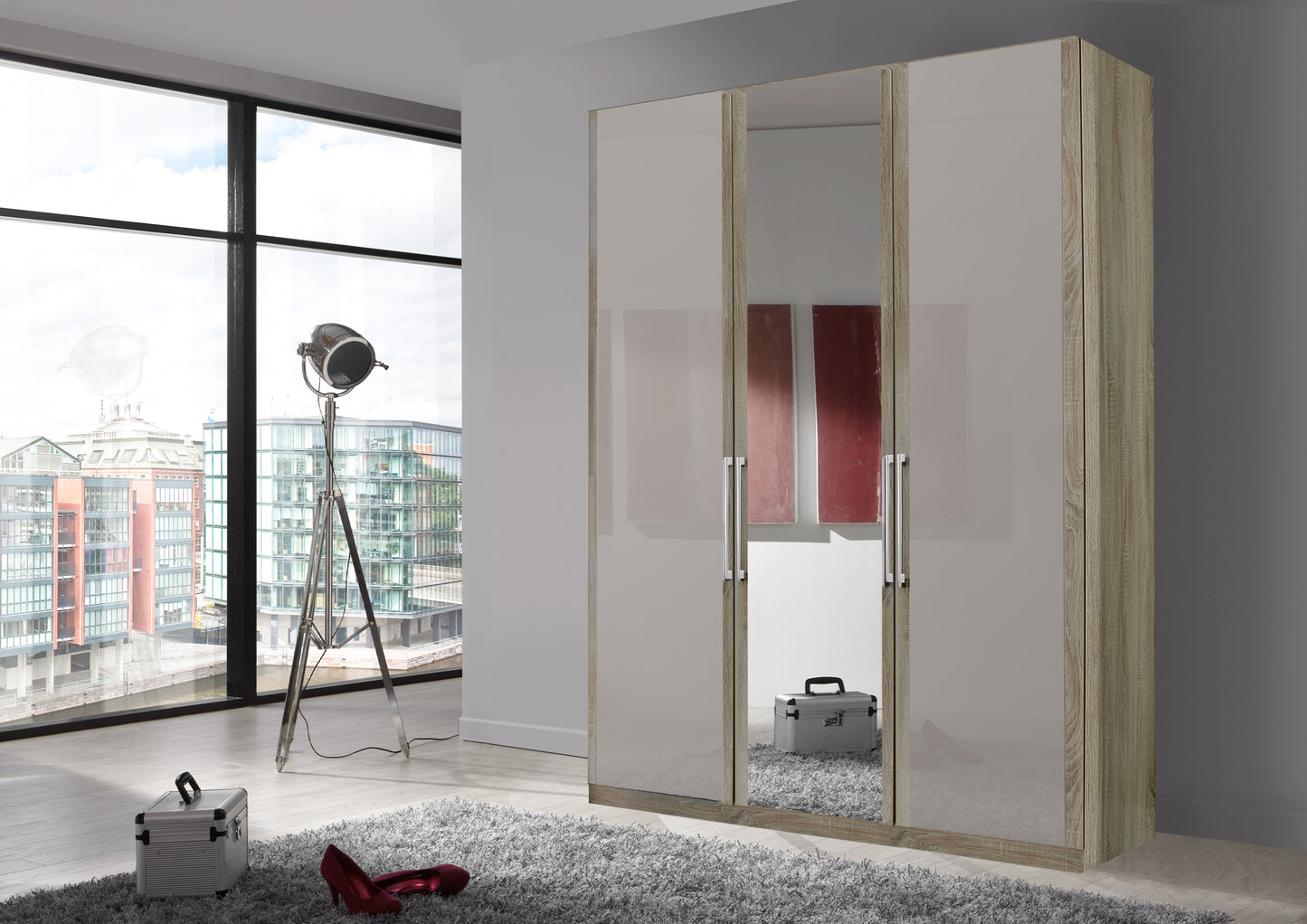 Bermuda Hinged 3 Door Wardrobe Glass Pebble Grey 150cm