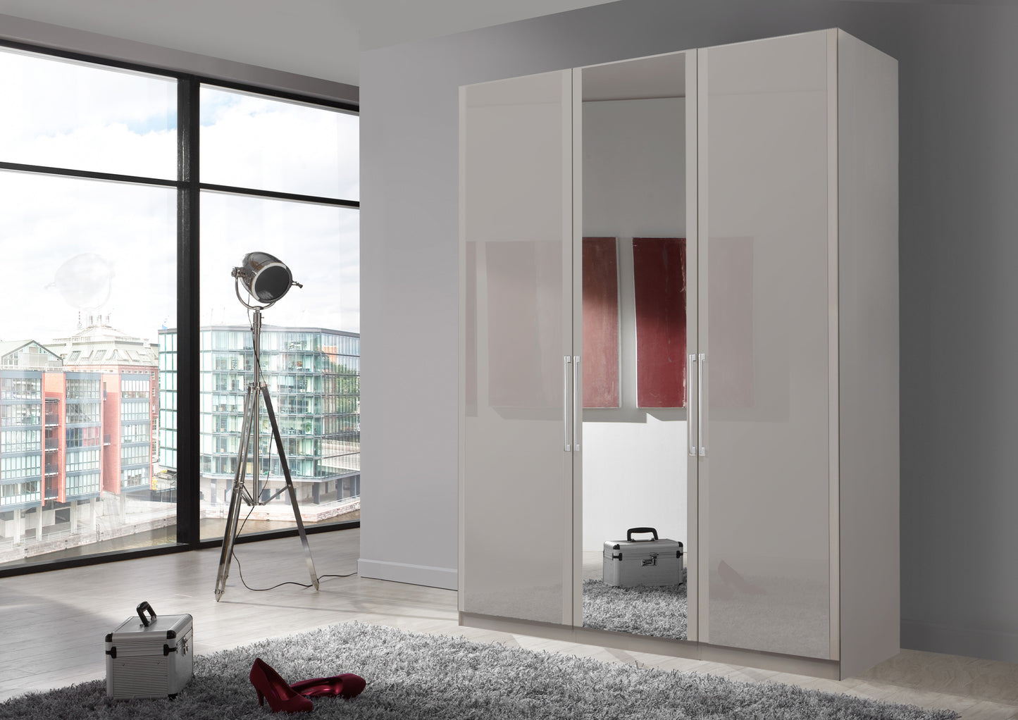 Bermuda Hinged 3 Door Wardrobe Glass Pebble Grey 150cm