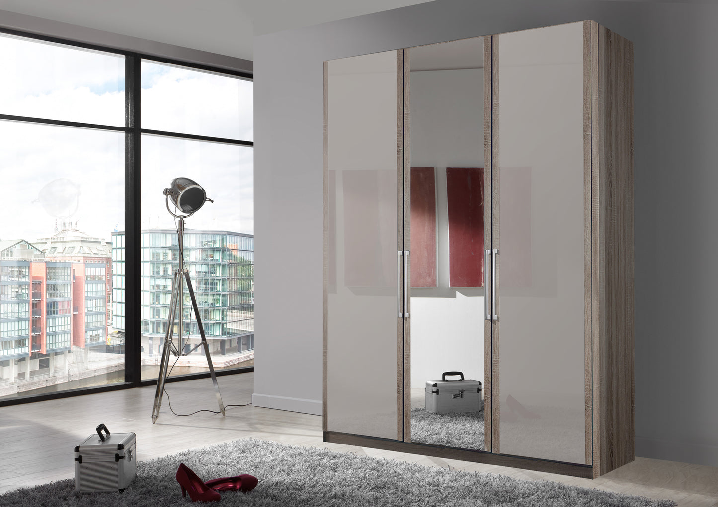 Bermuda Hinged 3 Door Wardrobe Glass Pebble Grey 150cm