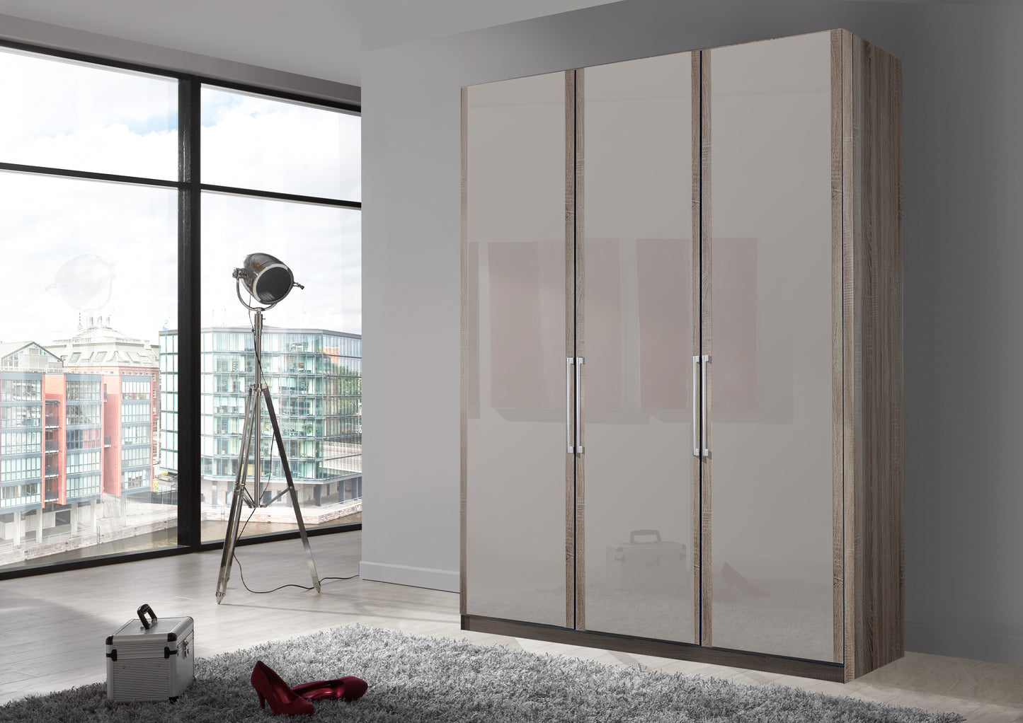 Bermuda Hinged 3 Door Wardrobe Glass Pebble Grey 150cm