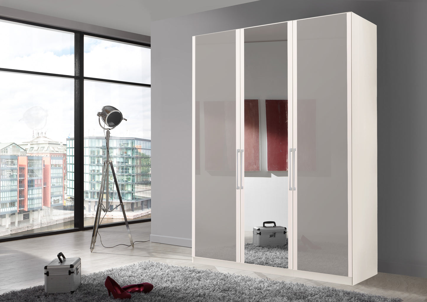 Bermuda Hinged 3 Door Wardrobe Glass Pebble Grey 150cm