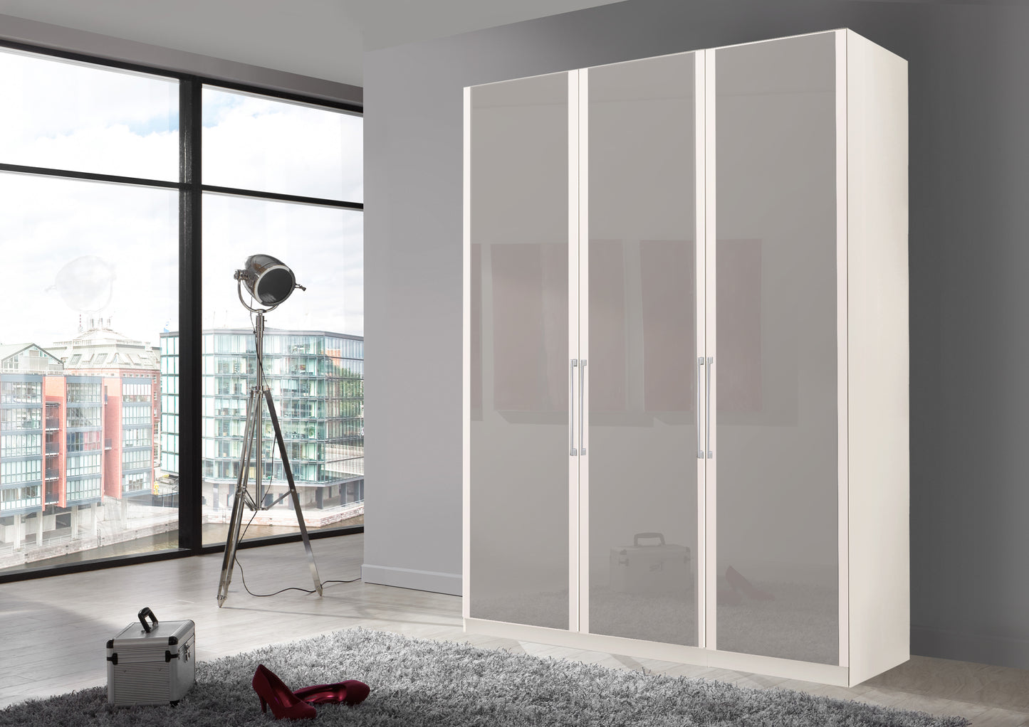 Bermuda Hinged 3 Door Wardrobe Glass Pebble Grey 150cm