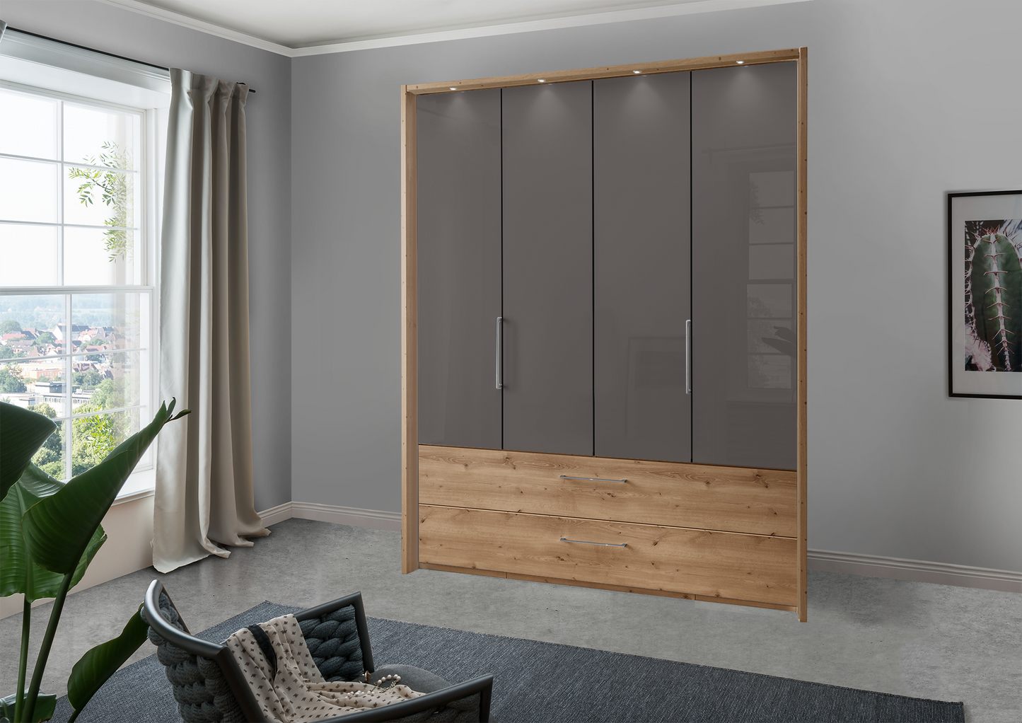 Munich 4 Door Wardrobe Glass Havana with Drawers 200 cm