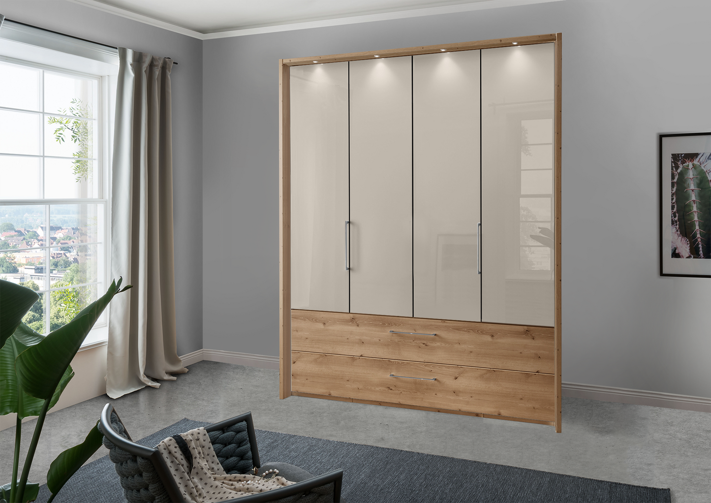 Munich 4 Door Wardrobe Glass Pebble Grey with Drawers 200 cm