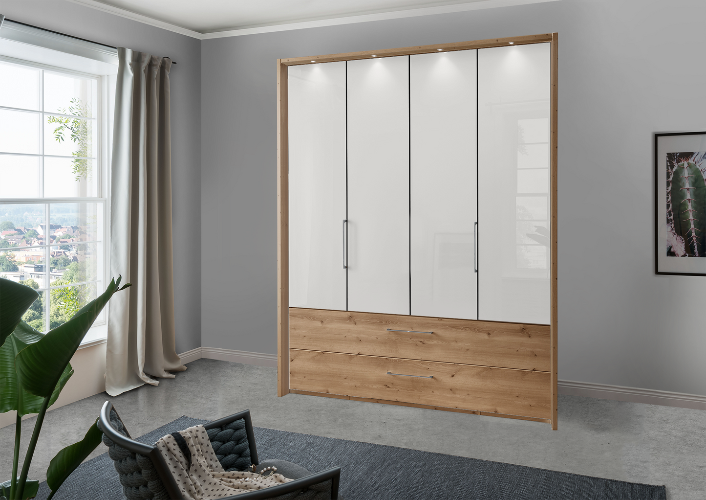 Munich 4 Door Wardrobe Glass White with Drawers 200 cm