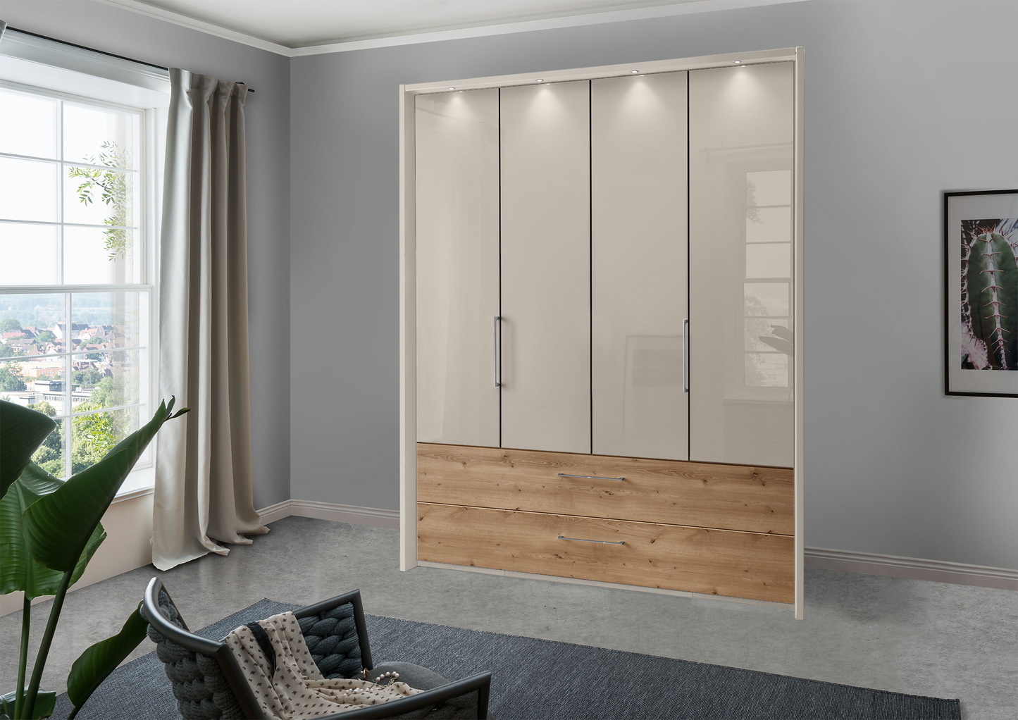 Munich 4 Door Wardrobe Glass Pebble Grey with Drawers 200 cm