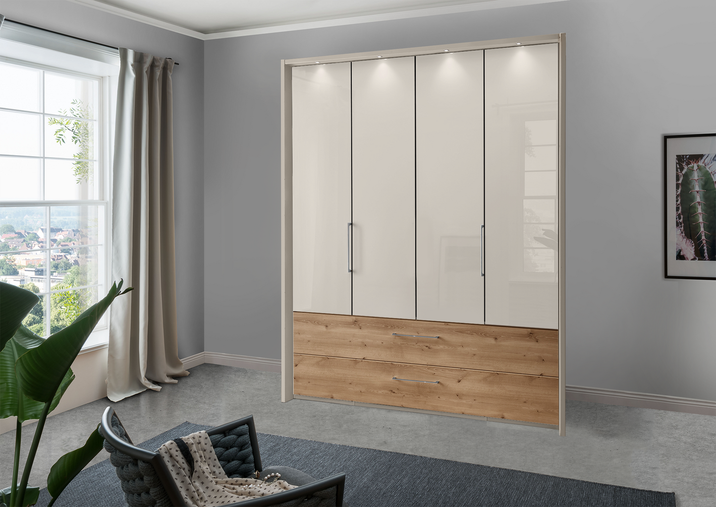 Munich 4 Door Wardrobe Glass Champagne with Drawers 200 cm