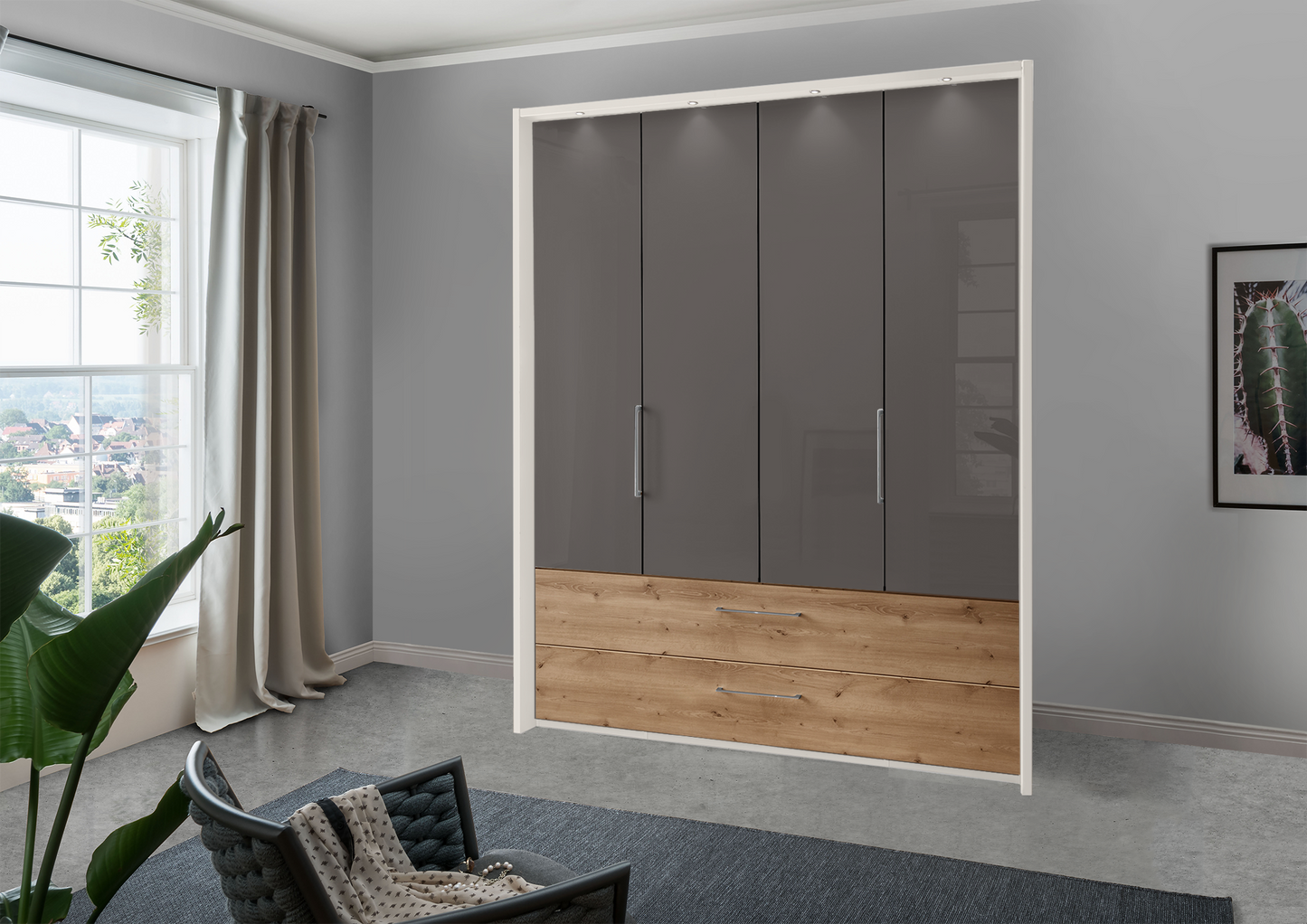 Munich 4 Door Wardrobe Glass Havana with Drawers 200 cm