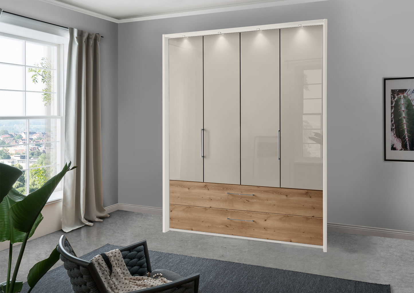 Munich 4 Door Wardrobe Glass Pebble Grey with Drawers 200 cm