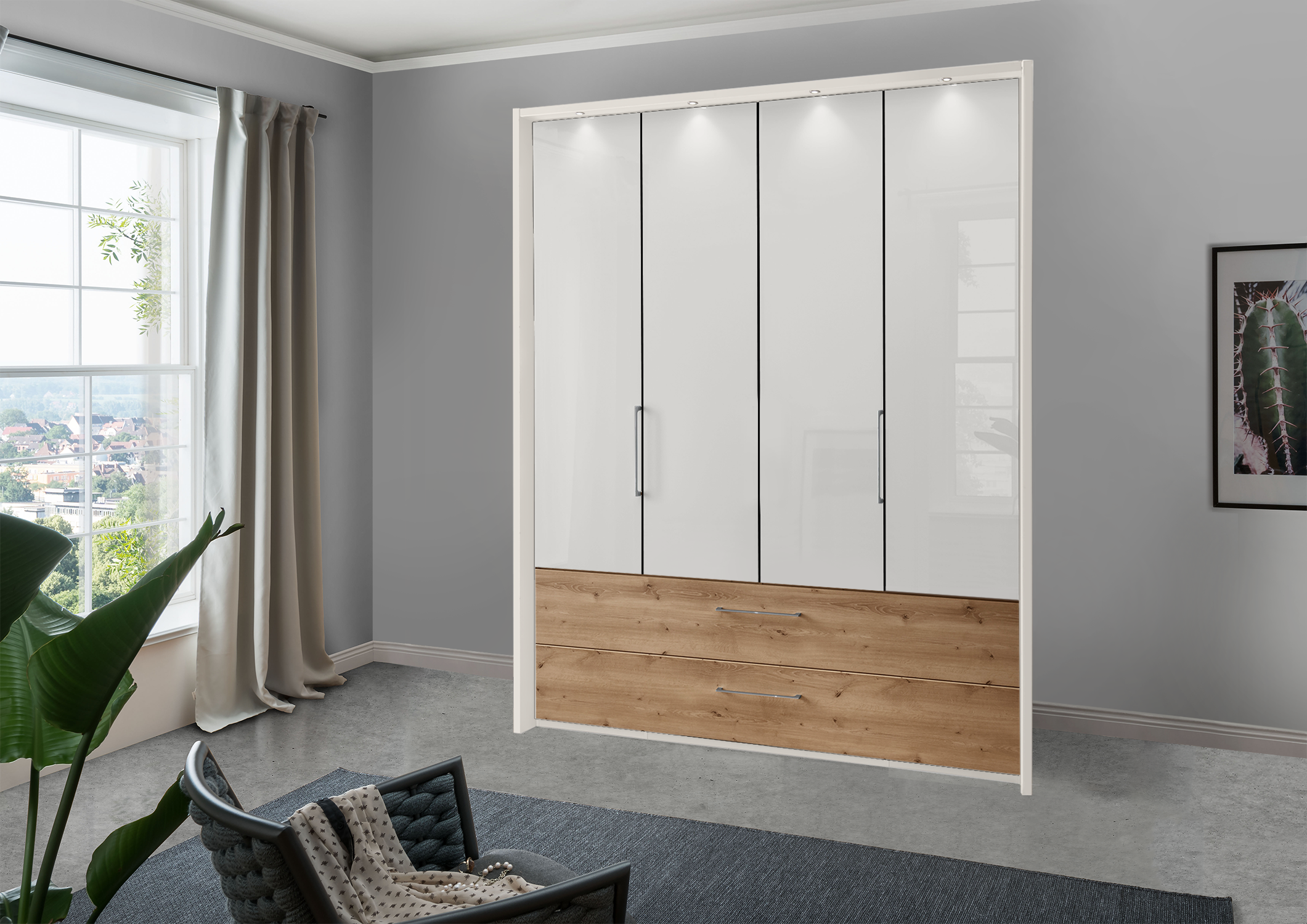 Munich 4 Door Wardrobe Glass White with Drawers 200 cm